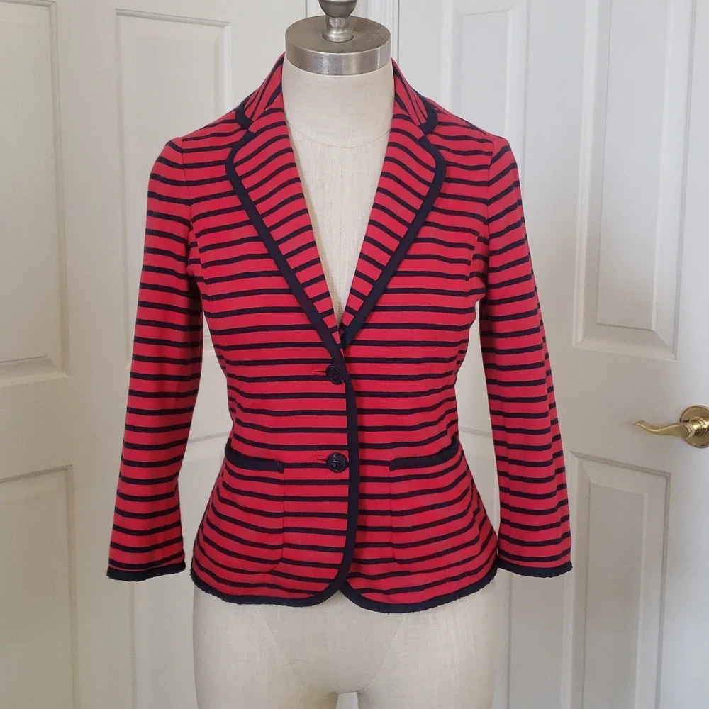 💐 TALBOTS Nautical Striped Knit Blazer Jacket Red Navy XS Petite Anchor Button - Picture 3 of 12